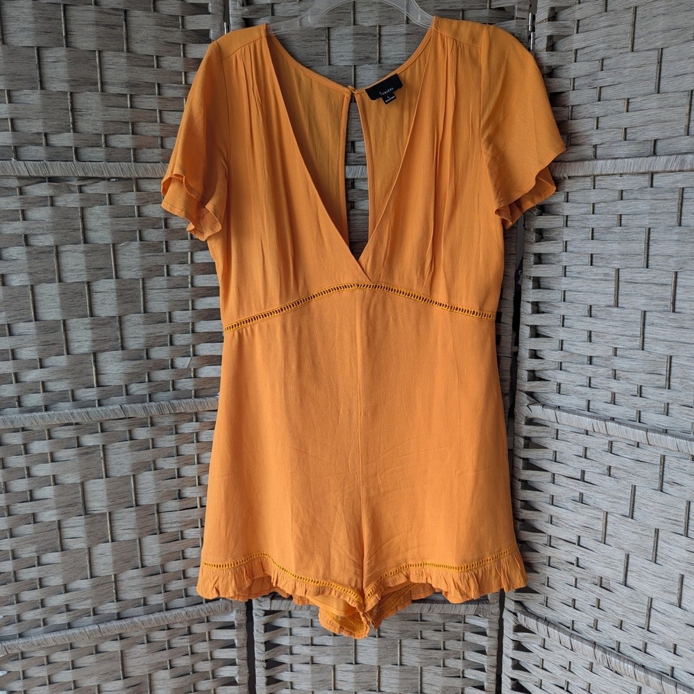 Women's Romper Goldenrod Ruffle Lace Trim Flutter Sleeve V-Neck Lg Beachy Boho